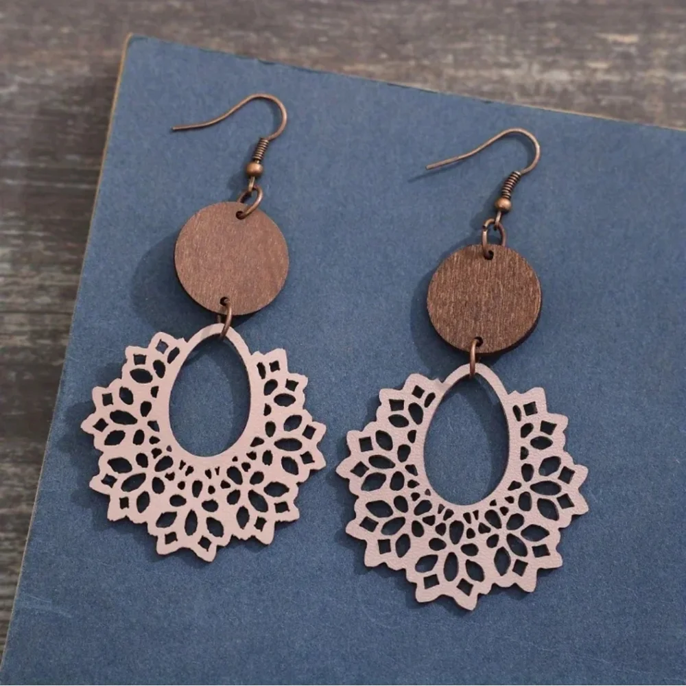 Hollow Pink/Nude Leather Wood Spider Web Design Dangle 2/$15 3/$20 4/$25